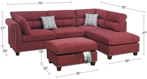 English Elm Sectional Paprika Red Velvet 3-Piece Sofa with Reversible Chaise, Ottoman, Nickel Studs, Pillows HS00-F6419