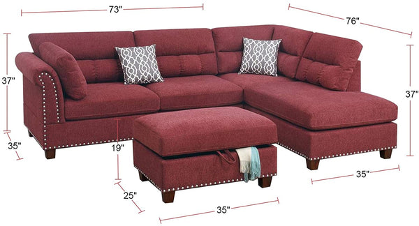 English Elm Sectional Paprika Red Velvet 3-Piece Sofa with Reversible Chaise, Ottoman, Nickel Studs, Pillows HS00-F6419