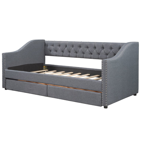 English Elm Upholstered Twin Daybed with Storage Drawers Diamond Tufted Gray Linen Sofa Bed LP100011AAE-1
