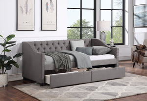 English Elm Upholstered Twin Daybed with Storage Drawers Diamond Tufted Gray Linen Sofa Bed LP100011AAE-1