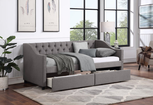 English Elm Upholstered Twin Daybed with Storage Drawers Diamond Tufted Gray Linen Sofa Bed LP100011AAE-1