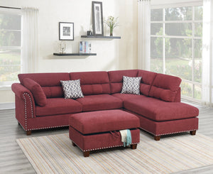 English Elm Sectional Paprika Red Velvet 3-Piece Sofa with Reversible Chaise, Ottoman, Nickel Studs, Pillows HS00-F6419