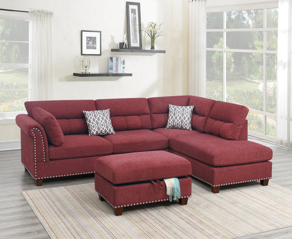 English Elm Sectional Paprika Red Velvet 3-Piece Sofa with Reversible Chaise, Ottoman, Nickel Studs, Pillows HS00-F6419
