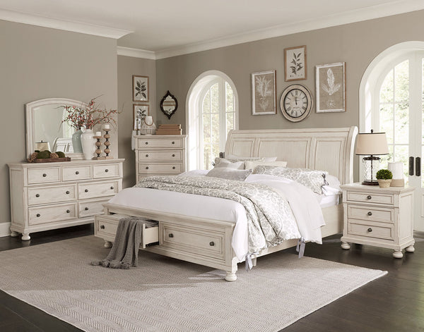 English Elm Transitional Wire-Brushed White Nightstand with Hidden Drawer & Bun Feet, Antique Ash Veneer Accent B01147617
