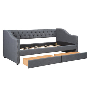 English Elm Upholstered Twin Daybed with Storage Drawers Diamond Tufted Gray Linen Sofa Bed LP100011AAE-1