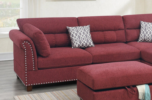 English Elm Sectional Paprika Red Velvet 3-Piece Sofa with Reversible Chaise, Ottoman, Nickel Studs, Pillows HS00-F6419