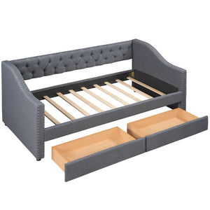 English Elm Upholstered Twin Daybed with Storage Drawers Diamond Tufted Gray Linen Sofa Bed LP100011AAE-1