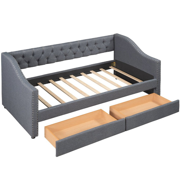English Elm Upholstered Twin Daybed with Storage Drawers Diamond Tufted Gray Linen Sofa Bed LP100011AAE-1