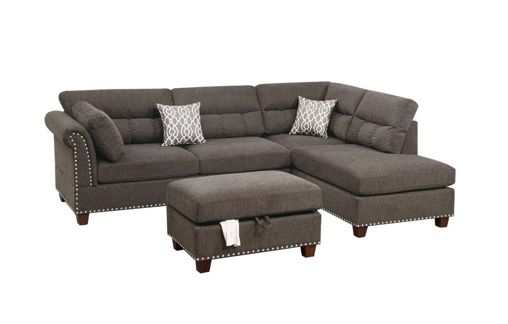 English Elm Sectional Velvet Tan Reversible Chaise Sofa with Nickel-Stud Trim, Cocktail Storage Ottoman & Pillows B011S00104