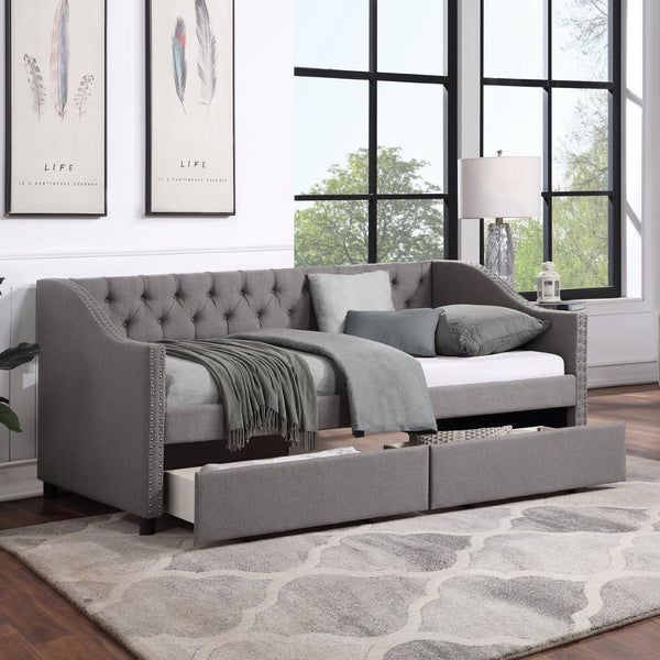 English Elm Upholstered Twin Daybed with Storage Drawers Diamond Tufted Gray Linen Sofa Bed LP100011AAE-1
