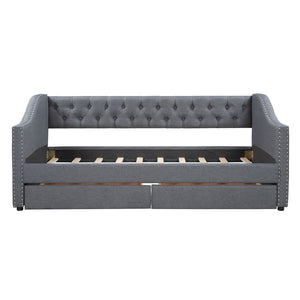 English Elm Upholstered Twin Daybed with Storage Drawers Diamond Tufted Gray Linen Sofa Bed LP100011AAE-1