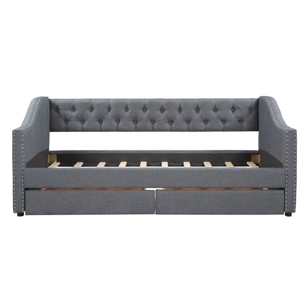 English Elm Upholstered Twin Daybed with Storage Drawers Diamond Tufted Gray Linen Sofa Bed LP100011AAE-1