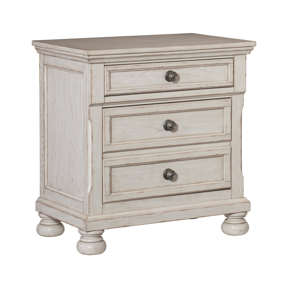 English Elm Transitional Wire-Brushed White Nightstand with Hidden Drawer & Bun Feet, Antique Ash Veneer Accent B01147617
