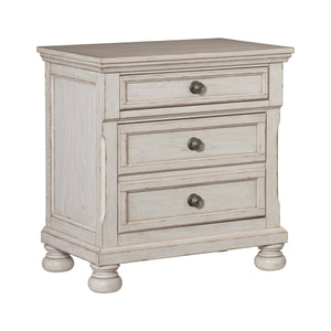 English Elm Transitional Wire-Brushed White Finish 1 Piece Nightstand With Hidden Drawer Bun Feet Classic Bedroom Furniture