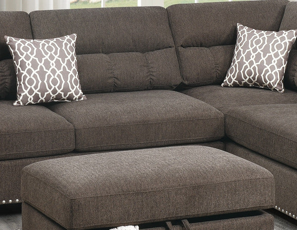 English Elm Sectional Velvet Tan Reversible Chaise Sofa with Nickel-Stud Trim, Cocktail Storage Ottoman & Pillows B011S00104