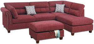 English Elm Sectional Paprika Red Velvet 3-Piece Sofa with Reversible Chaise, Ottoman, Nickel Studs, Pillows HS00-F6419