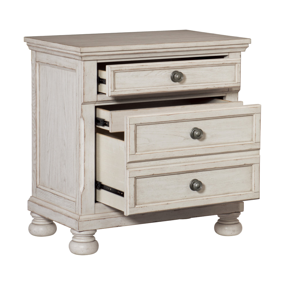 English Elm Transitional Wire-Brushed White Nightstand with Hidden Drawer & Bun Feet, Antique Ash Veneer Accent B01147617