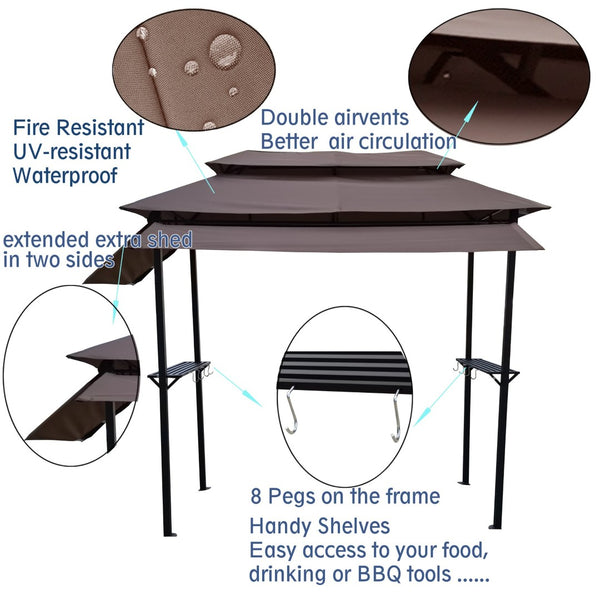 English Elm 8x4ft Outdoor Grill Gazebo Steel Frame Tiered Canopy with Bar Shelves for Patio Cooking Light Brown W65642412