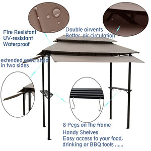 English Elm 8x4ft Outdoor Grill Gazebo Steel Frame Tiered Canopy with Bar Shelves for Patio Cooking Mushroom W65642413