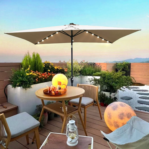 English Elm 10 10x6.5ft Solar LED Patio Umbrella with 26 Lights, Crank Lift, Push-Button Tilt, UV40+ Protection Mushroom W65642333