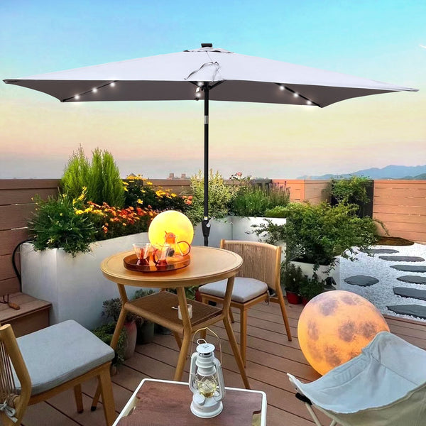 English Elm 10 10x6.5ft Solar LED Patio Umbrella with 26 Lights, Crank Lift, Push-Button Tilt, UV40+ Protection Light Slate Grey W65642332