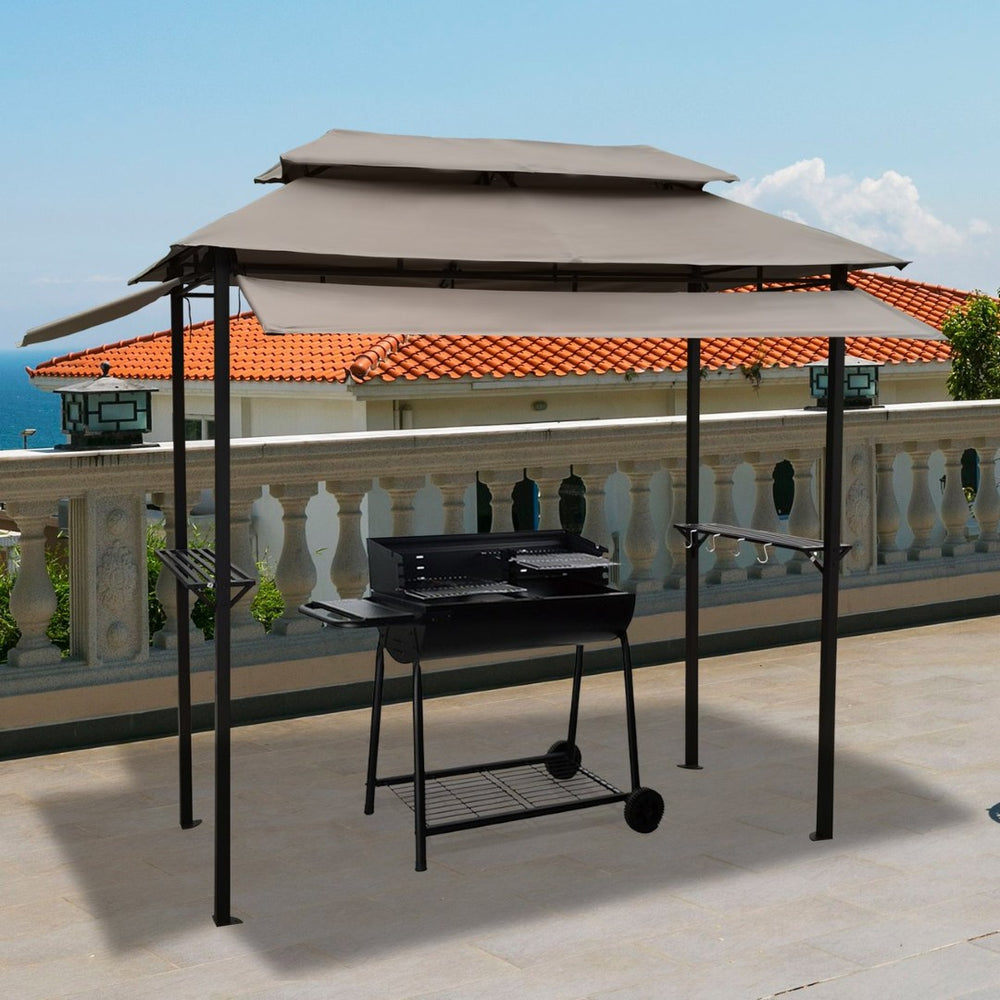 English Elm 8x4ft Outdoor Grill Gazebo Steel Frame Tiered Canopy with Bar Shelves for Patio Cooking Mushroom W65642413