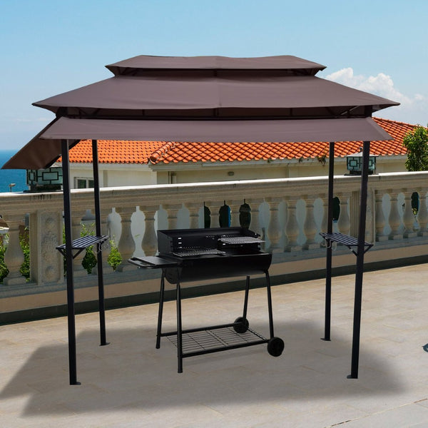English Elm 8x4ft Outdoor Grill Gazebo Steel Frame Tiered Canopy with Bar Shelves for Patio Cooking Light Brown W65642412