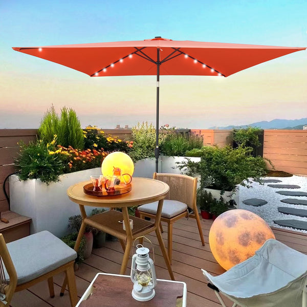 English Elm 10 10x6.5ft Solar LED Patio Umbrella with 26 Lights, Crank Lift, Push-Button Tilt, UV40+ Protection Light Brick Red W65642334