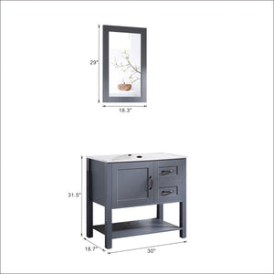 English Elm 30in Dark Hydron Blue Bathroom Vanity w/ Marble Pattern Top, Soft-Close Hinges, Bronze Handles W122346708