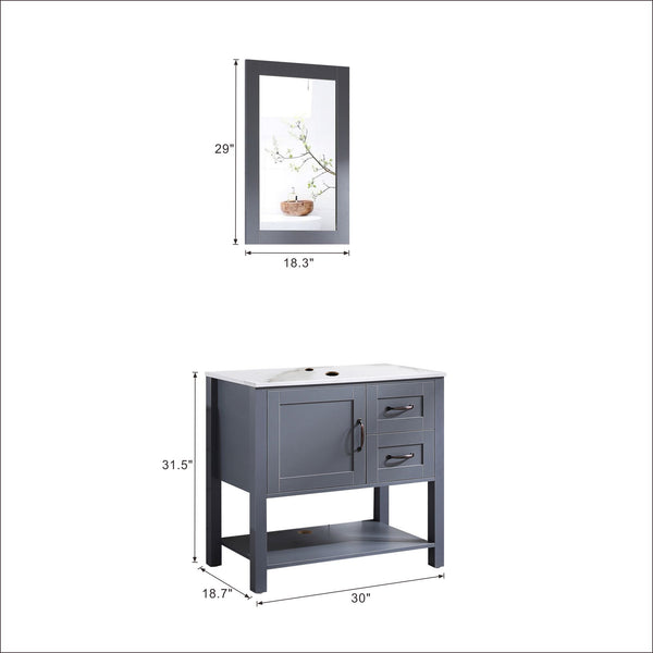 English Elm 30in Dark Hydron Blue Bathroom Vanity w/ Marble Pattern Top, Soft-Close Hinges, Bronze Handles W122346708
