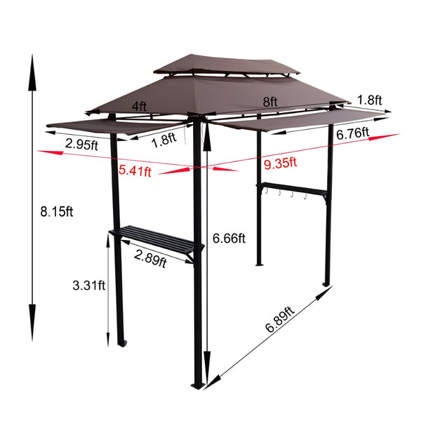 English Elm 8x4ft Outdoor Grill Gazebo Steel Frame Tiered Canopy with Bar Shelves for Patio Cooking Light Brown W65642412