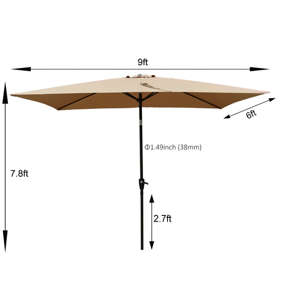 English Elm 6 9x6ft Rectangular Patio Umbrella with Crank & Tilt, Waterproof Polyester Canopy, UPF40+ Weather-Resistant Shade Brown W65642347