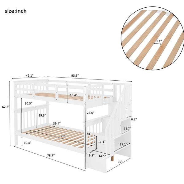 English Elm Stairway Twin Over Bunk Bed with Step Storage White Pine Kids Bedroom LT000109AAK