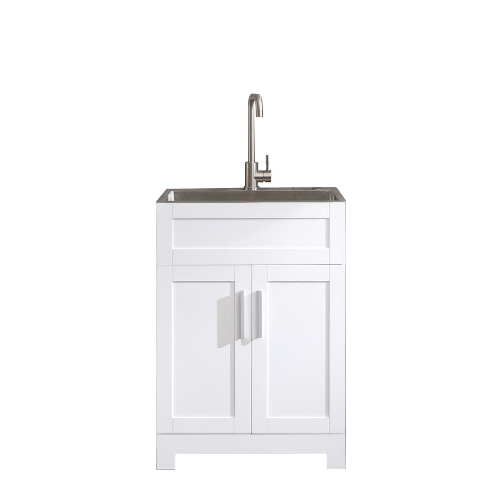 English Elm 24in White Laundry Utility Cabinet Combo with Brushed Stainless Sink, Tall Faucet, Soft-Close Hinges W1223S00010