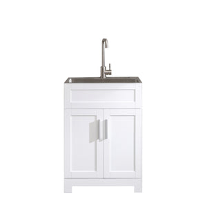 English Elm 24in White Laundry Utility Cabinet Combo with Brushed Stainless Sink, Tall Faucet, Soft-Close Hinges W1223S00010