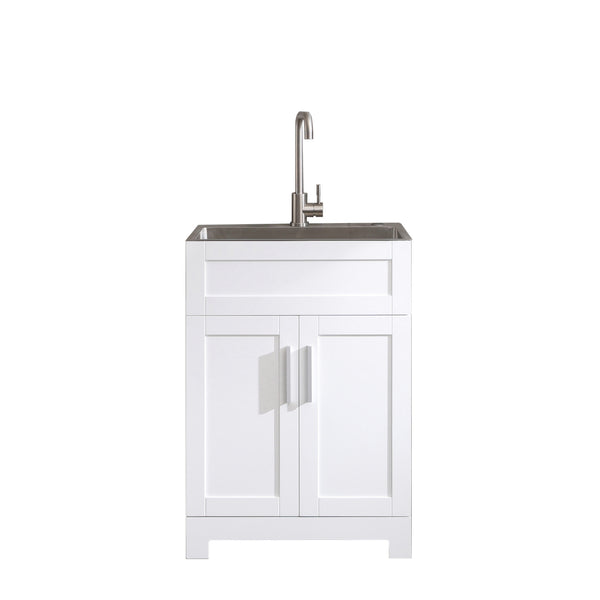 English Elm 24in White Laundry Utility Cabinet Combo with Brushed Stainless Sink, Tall Faucet, Soft-Close Hinges W1223S00010
