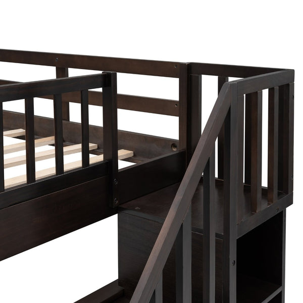 English Elm Stairway Full Over Bunk Bed with Staircase Storage Shelves in White Pine Espresso LT100110AAP