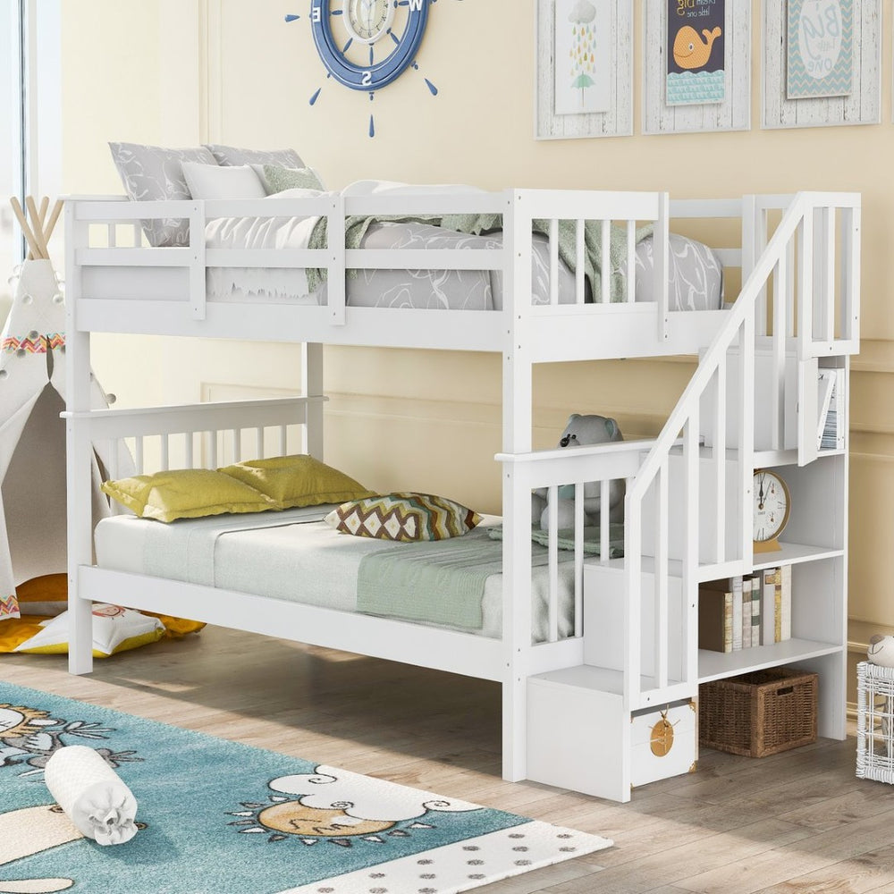 English Elm Stairway Twin Over Bunk Bed with Stair Storage White Pine Kids Room LT000109AAK-1