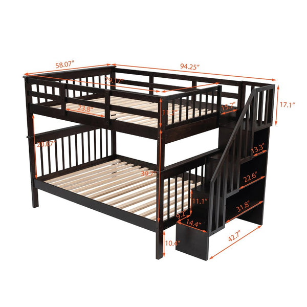 English Elm Stairway Full Over Bunk Bed with Staircase Storage Shelves in White Pine Espresso LT100110AAP