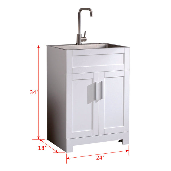 English Elm 24in White Laundry Utility Cabinet Combo with Brushed Stainless Sink, Tall Faucet, Soft-Close Hinges W1223S00010