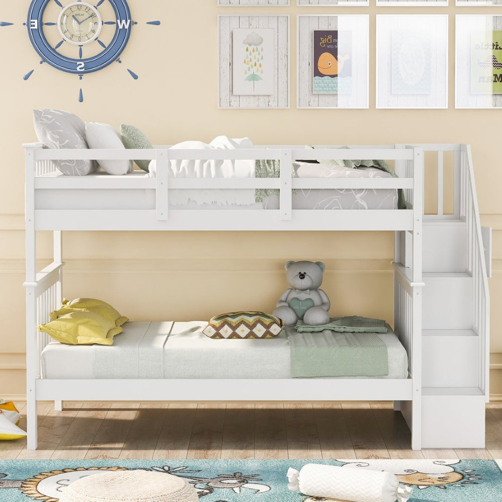 English Elm Stairway Twin Over Bunk Bed with Stair Storage White Pine Kids Room LT000109AAK-1