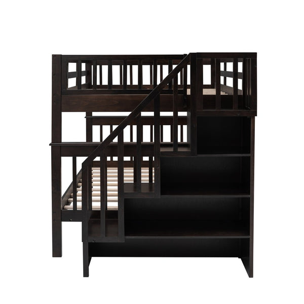 English Elm Stairway Full Over Bunk Bed with Staircase Storage Shelves in White Pine Espresso LT100110AAP