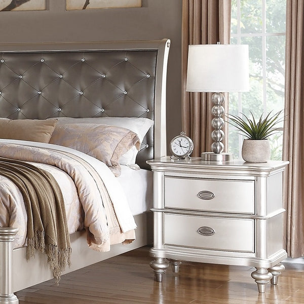 English Elm Silver Glamorous Faux Leather 3pc Queen Bedroom Set with Tufted Crystal Headboard and Nailtrim Champagne,Silver 84 L x 42 W x 8 H B011S01839