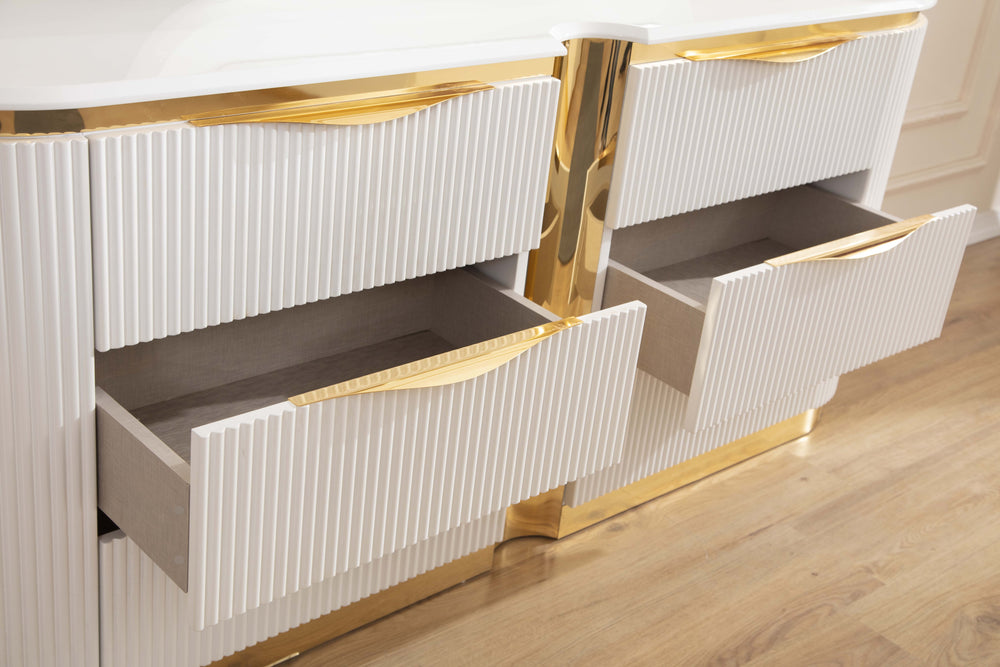 English Elm Laura Gold 6-Drawer White Dresser with Gold Handles, Solid Wood Frame, Soft-Close Drawers, Luxe Bedroom Storage G150109248