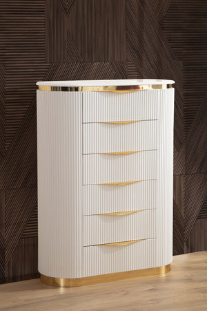 English Elm Laura Gold 5-Drawer Chest in White & Gold Lacquer — Soft-Close Ball-Bearing Drawers, Elegant Storage B00955977