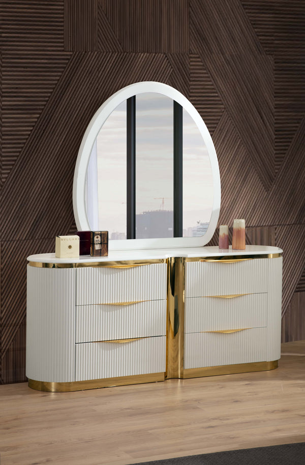 English Elm Gold Detailed Upholstery Queen Bedroom Set - 6-Piece Luxury Collection With Storage & Glam Design B009S00902