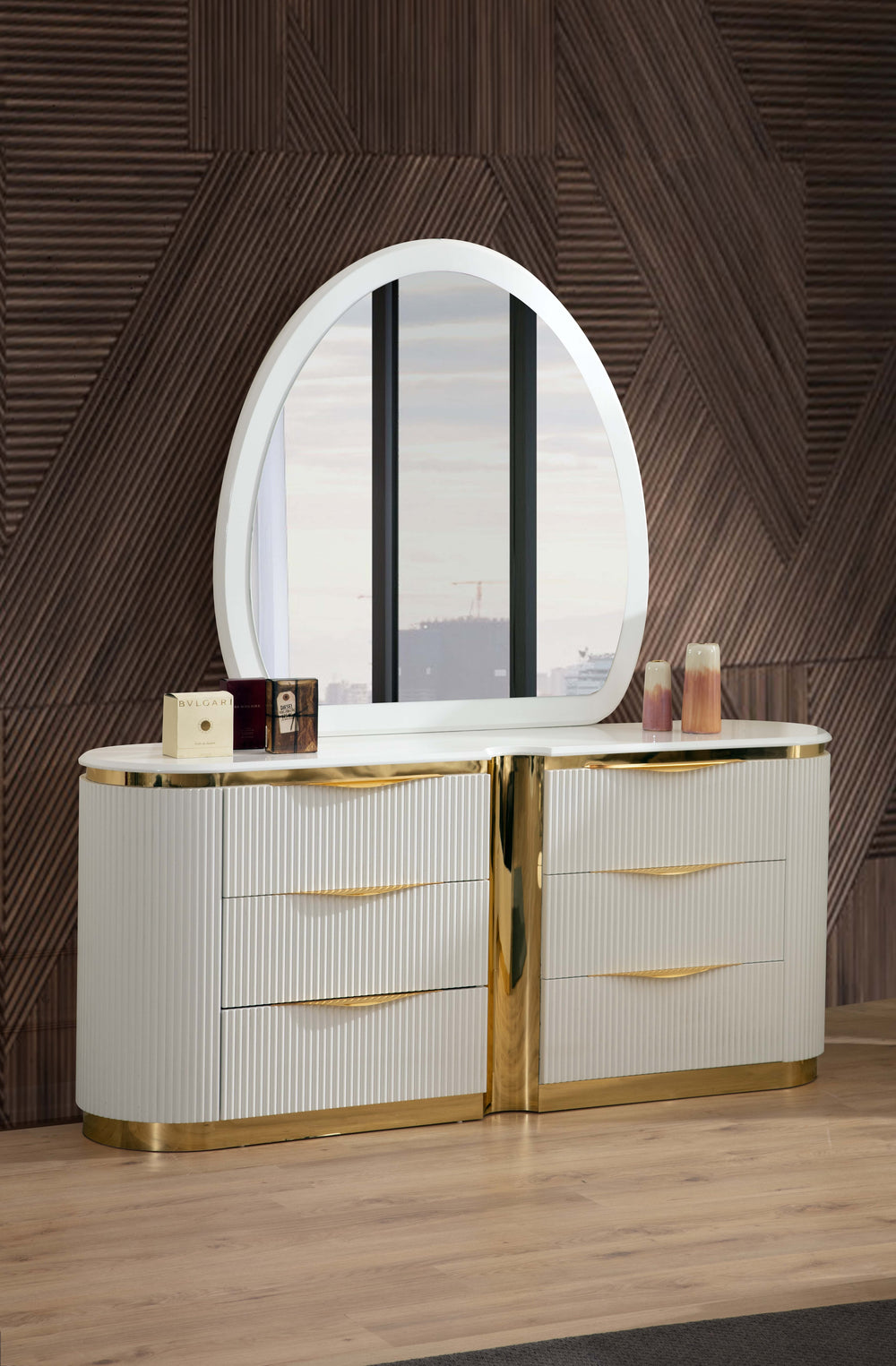 English Elm Laura Oval Shaped Mirror White and Gold Beveled Frame — Elegant Wood Oval Vanity Mirror for Bedroom Decor G150109249