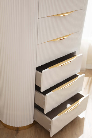 English Elm LAURA King 6-Pc White Velvet Bedroom Set with Gold Accents, Soft-Close Drawers & Oval Mirror B009S01254