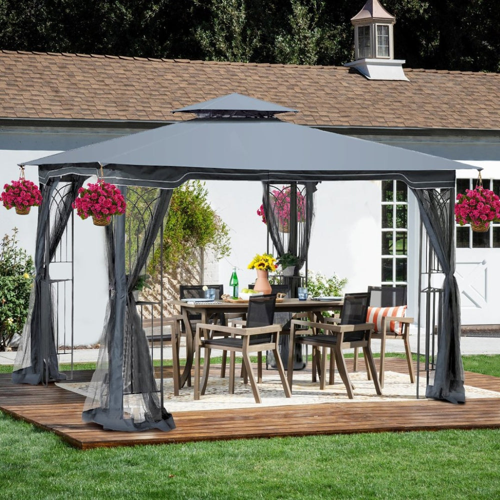 English Elm 10x10 Outdoor Gazebo with Vented Dual Roof Mesh Screens Steel Frame Patio Shelter W41940785