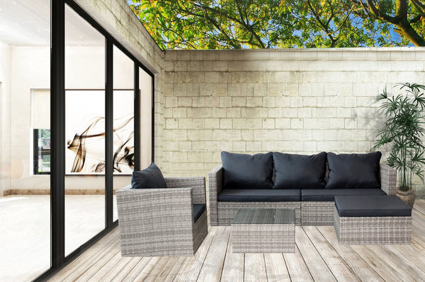 English Elm 4pcs Grey Wicker Patio Set with Tempered Glass Table, Removable Cushions, UV & Water Resistant Comfort W209S00013